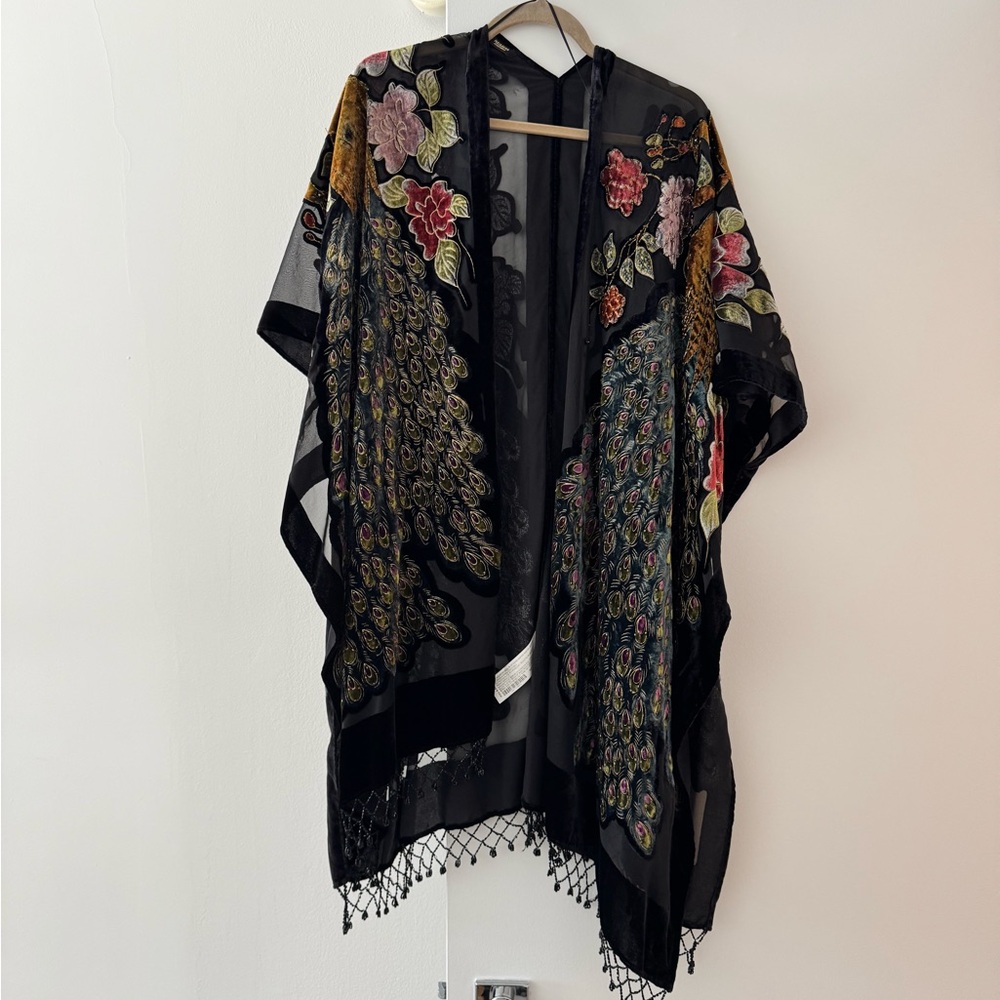 Pull&Bear Black Sheer Kimono with Floral & Peacock Embroidery